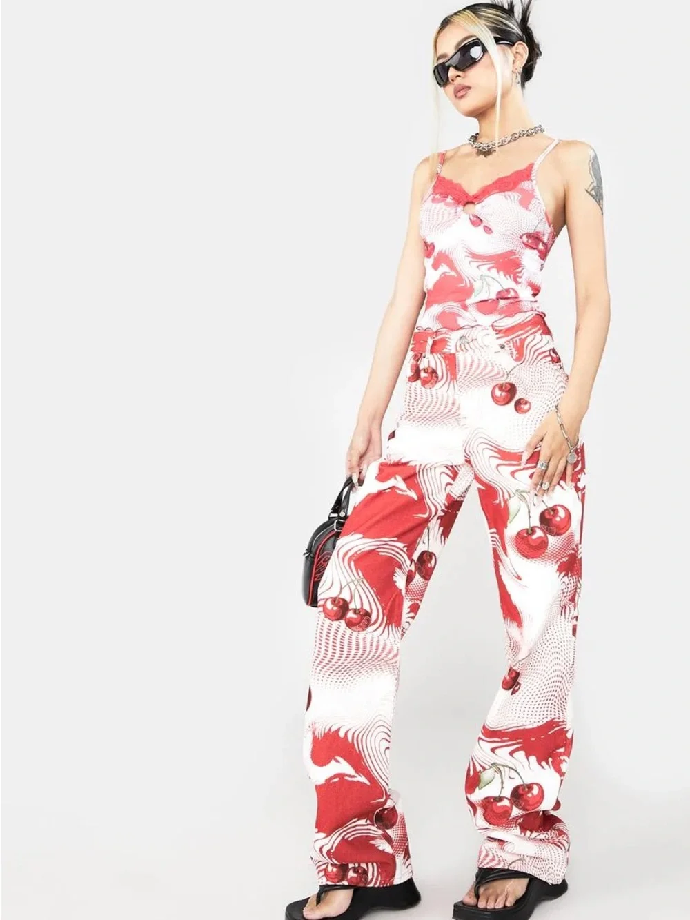 Jaded London Red Cherry Print Slouchy Boyfriend Jeans- NWT